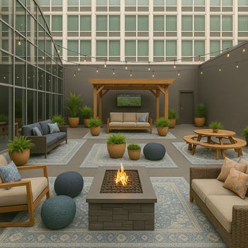 A modern outdoor patio with a fire pit and seating area.